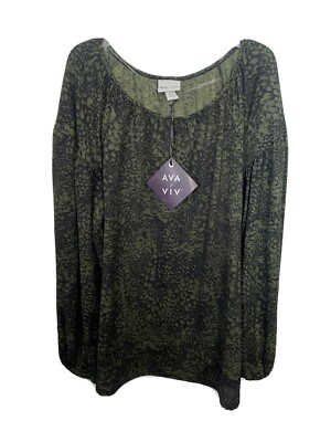 Ava & Viv 3X Green Animal Print Knit Top Stretchy Long Sleeve NWT Wide Arm