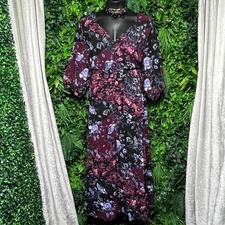 City Chic Dress Size 22W Floral Burgundy Maxi V Neck Bishop Sleeve Boho 3365