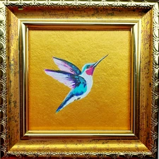 Hummingbird Original Painting Colibri Bird Framed Small Wall Art 3x3 in Gift