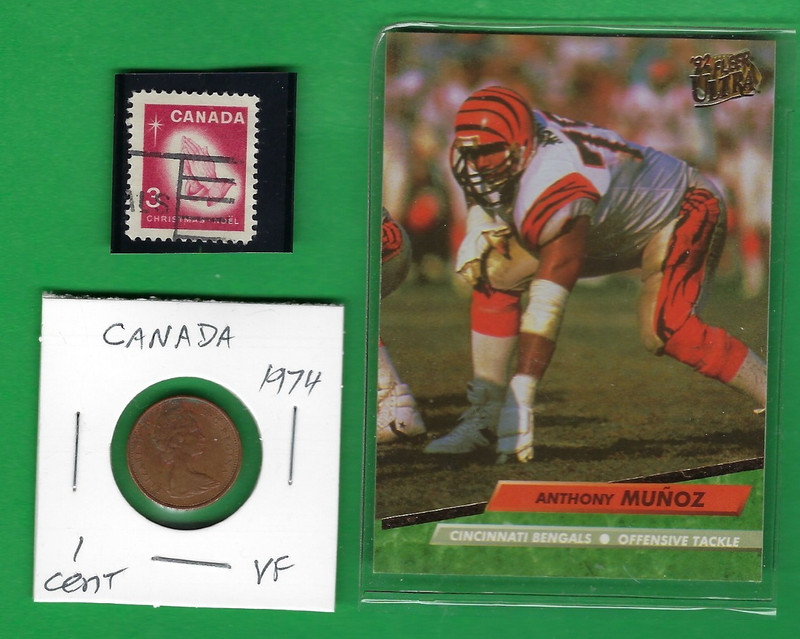 CANADA 1 CENT 1974 COIN (VERY FINE) & STAMP ~ LOT # 88 (*-*) + SPORTS CARD