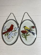 Vintage Set Of 2 Glass Suncatcher Cardinal Yellow Finch 6
