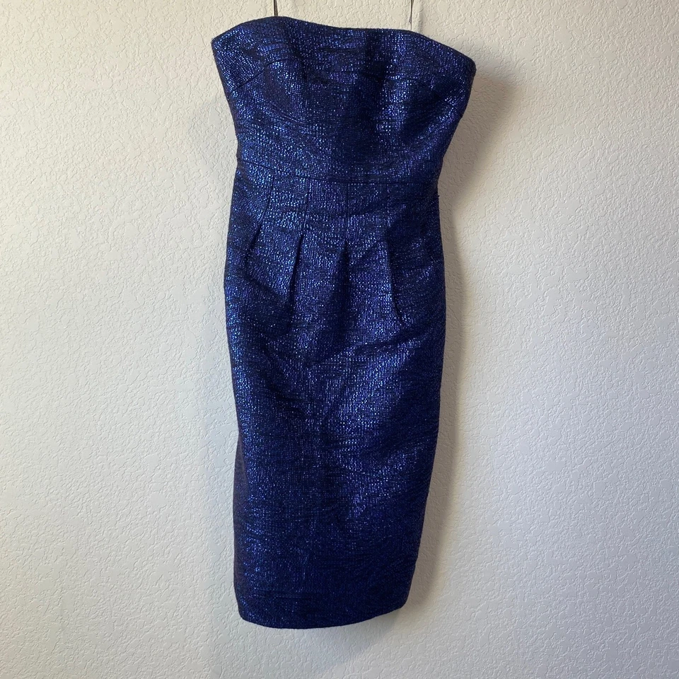 Lela Rose Women's Lapis Metallic Tweed Strapless Dress Sz 4 Blue Purple - Image 3 of 4