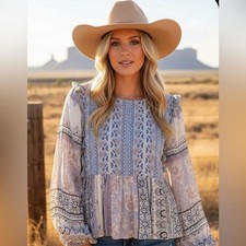American Eagle Peasant BOHO Shirt Medium Floral Print Lace 3/4 Sleeve Relaxed