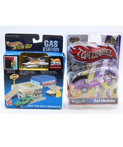 Lot of 2 Collectible Cars: Sto and Go Gas Station, Tom Daniel "Bad Medicine"