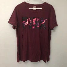 PINK Victoria's Secret Women’s L Burgundy Tropical Floral Logo Graphic T-Shirt