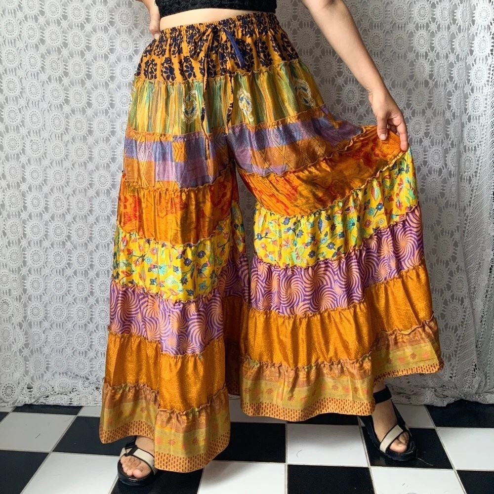 5 piezas de pantalones Palazzo de pierna ancha boho estampados sari vintage i...