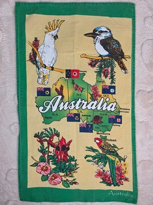 Vintage Australia Map Tea Towel Cotton Souvenir Birds Kookaburra Cockatoo Green