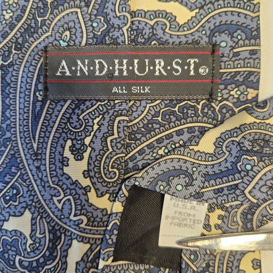Corbata Andhurst Vintage 100 % seda para hombre azul y crema cachemira carrera EE. UU. Foto 3 de 4