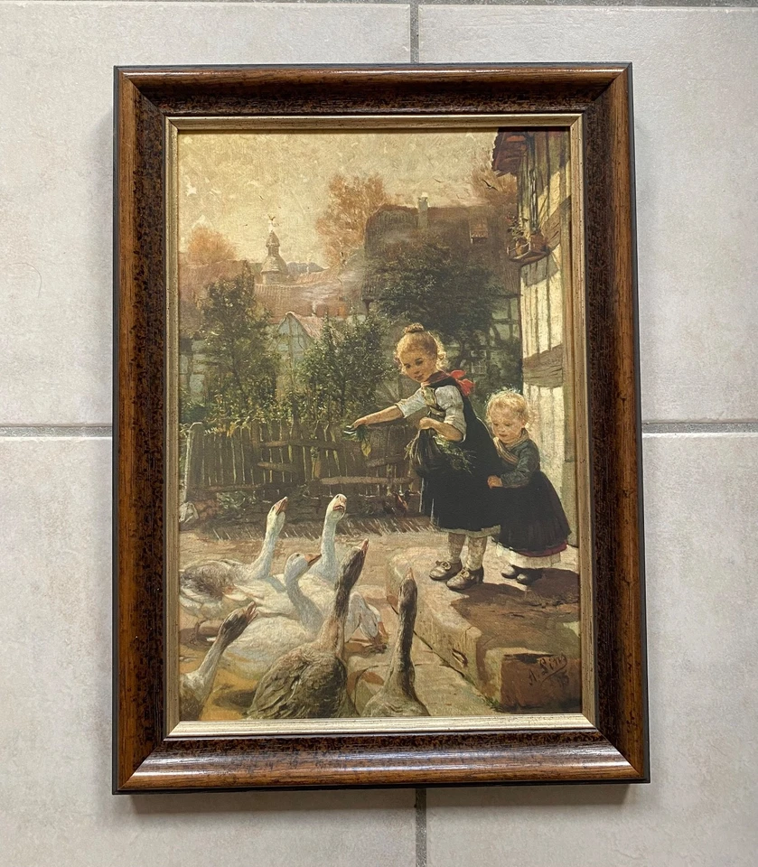 Altes Bild Kinderbild Schwälmer Mädchen füttern Gänse nach Adolf Lins - Bild 2 von 4