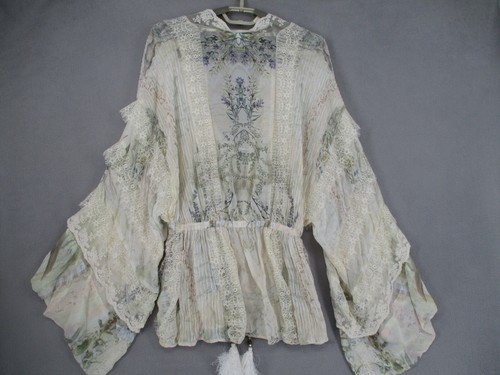 Camilla Top Womens Medium Beige Lace Trim Floral Silk Floral Pleated Tie Balloon - Picture 13 of 22