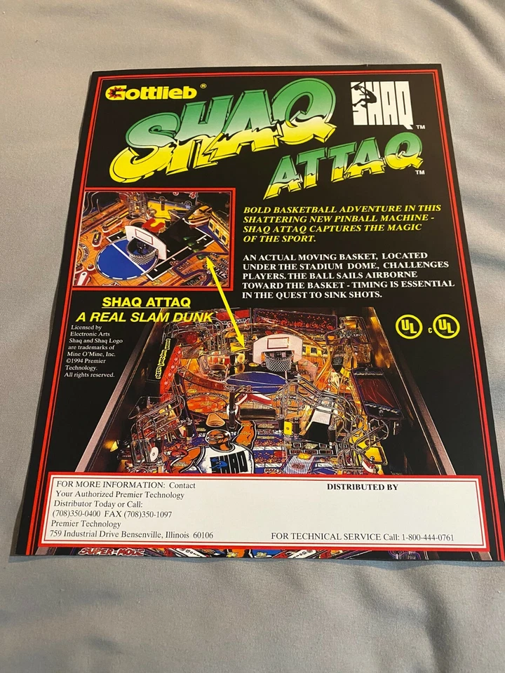 2 FACTORY ORIGINAL 1994 GOTTLIEB SHAQ ATT FIGHT PINBALL PROMO FLYER UNCIRCULATED - Image 2 of 2