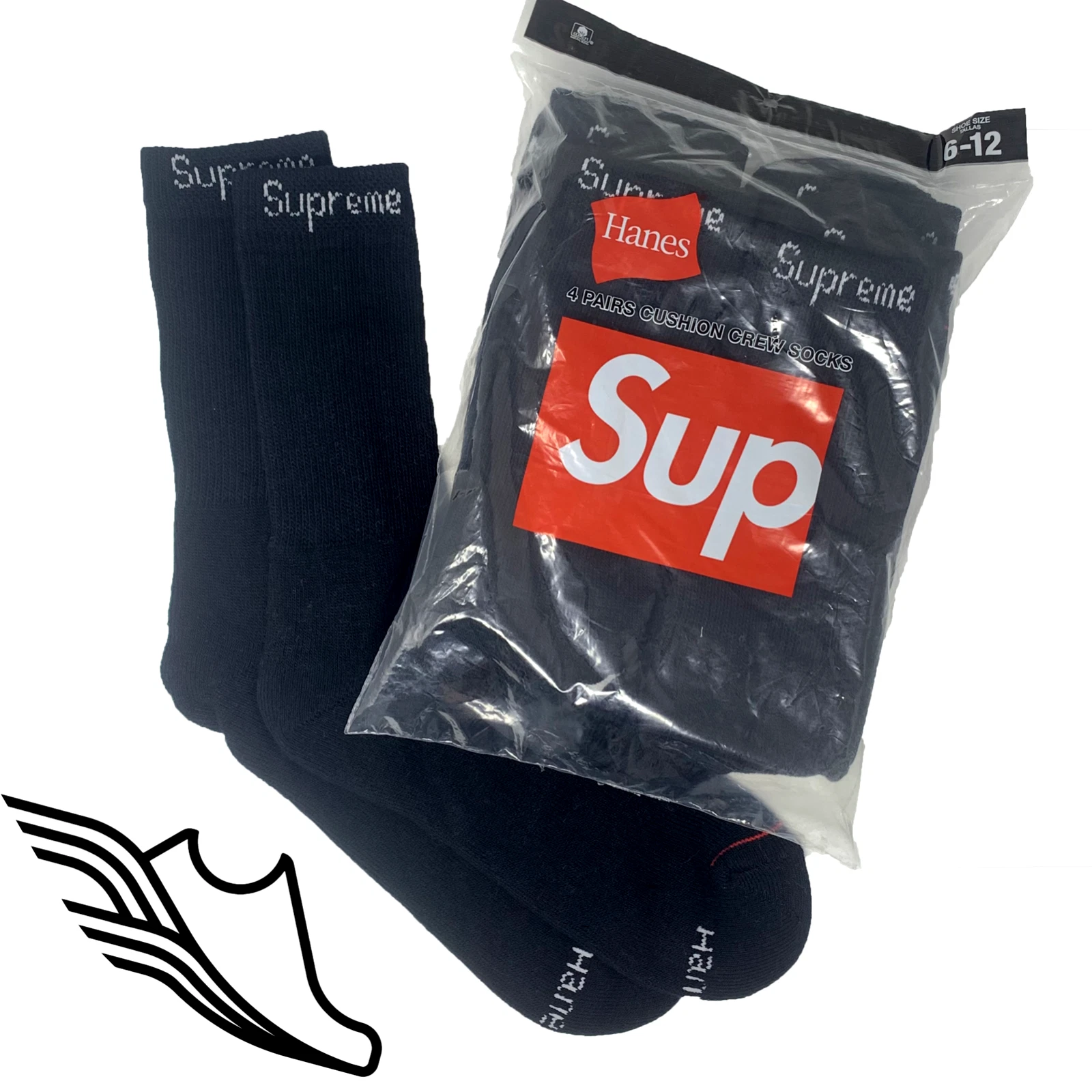 Scellées et authentiques   Chaussettes d'équipage noires Supreme / Hanes (paquet de 4)