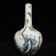 8"Antique dynasty Porcelain yongzheng mark famille rose flower bird Tianqiu vase