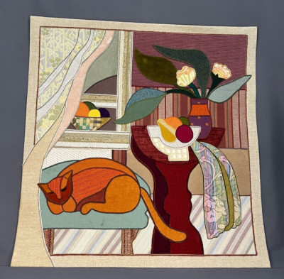 Rare Helen Webber 35'' x 36'' Wool Tapestry Wall Hanging 'CATNAP' c. 1986