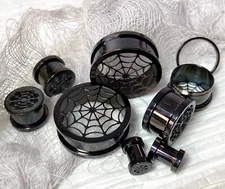 PAIR Black Spider Web Surgical Steel Tunnels Spiderweb Ear Plugs Earlets Gauges