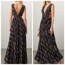 AMUR Valentino Floral Chiffon Black Gown Maxi Dress Gown Cut Out - Size 14