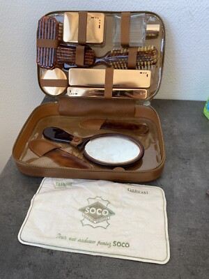Trousse De Toilette De Voyage Vintage - Cuir Synthétique Marron, Miroir, Fermeture éclair, Occasion 'dans Son Jus'