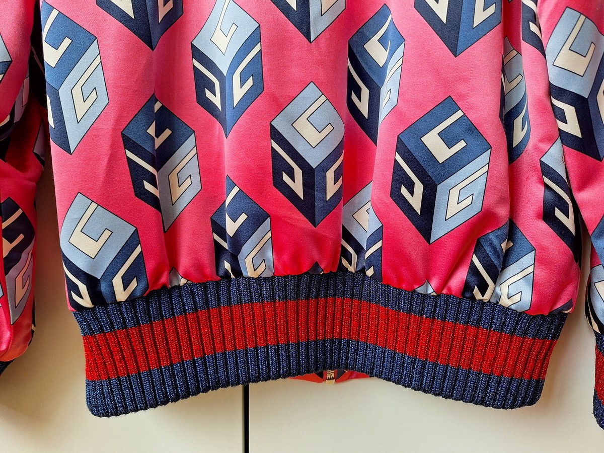 Gucci Pink and Blue GG Print Duchesse Silk Bomber Jacket | eBay