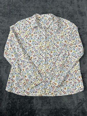 Croft & Barrow Women's Button Up Roll Tab Sleeve Floral White Shirt Blouse XL