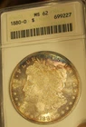 1880 O Morgan Silver Dollar - Old Gen ANACS holder, MS 62, RARE, Toned 5263
