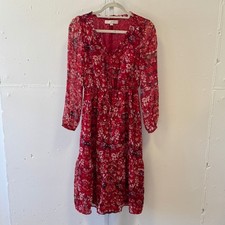 Loft Red Floral Swiss Dot Midi Dress Long Sleeve Button Front V-Neck XS Red