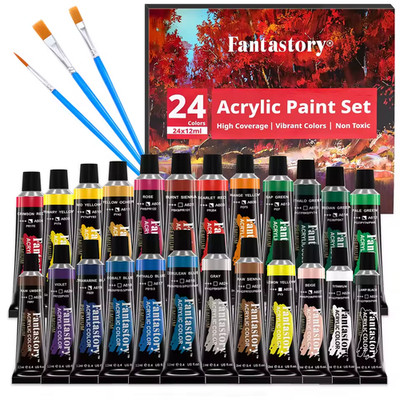12ML 24 Colors Acrylic Paint Set with 3 Paint Brushes