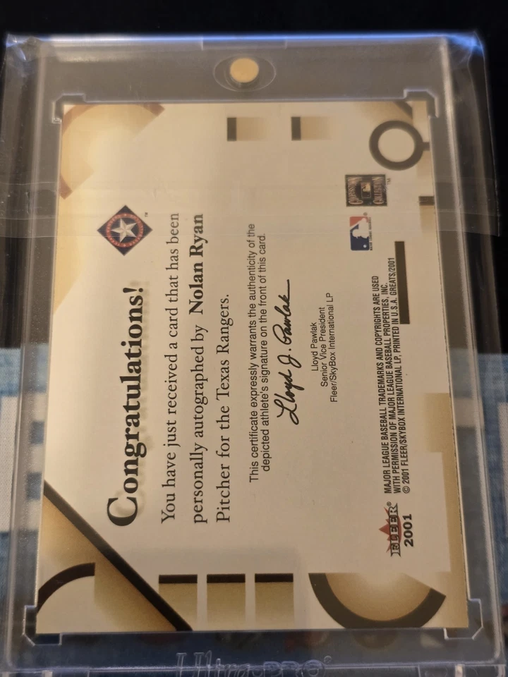 2001 Fleer Greats of the Game Nolan Ryan Auto SP HOF ON Card RANGERS - Image 2 of 2
