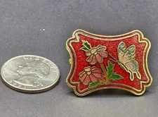 Vintage Red Cloisonné Butterfly & Floral Scarf Clip – Gold Tone Enamel Accessory