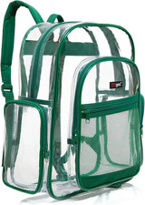 17 Inch Clear PVC Backpack with Green Trim and 5 Zipper Compartments, Transparen