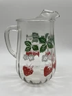 Vintage Medium 8.5”Glass Strawberries, Leaves, Flowers Pitcher Anchor Hocking