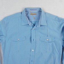 Ted Baker Shirt Mens 5 Large Blue Reverse Cuff Button-Down Micro Check Roll Tab