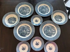 Royal China Blue CURRIER and IVES Old Grist Mill Dinner Plates Soup Bowls Saucer