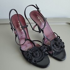 Prada Chocolate Satin Flower Open Toe Slingback Applique Heels Shoes Size 36