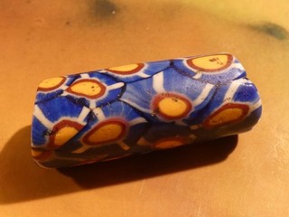 ANTIQUE YELLOW BLUE WHITE MOSAIC GLASS COLLECTOR'S TUBE BEAD 31.7 12.8 MM