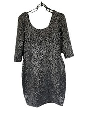 Charlotte Russe Black Sequin Scoop Neck Low Back Long Sleeve Dress Size L EUC