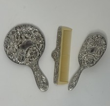Vintage Silver Plated Vanity Set 3 Mirror Brush Comb Floral Art Nouveau Design