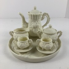 Vintage Miniature White Porcelain Bisque 10 Piece Tea Set with Roses