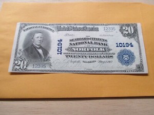 MAY 1, 1912 $20 THE SEABOARD CITIZENS NATIONAL BANK OF NORFOLK VIRGINIA CH UNC
