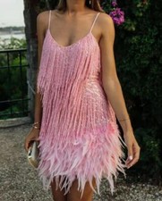 UK Women's Sequin Spaghetti Straps Fringe Tassel Feather Evening Short Dress UK