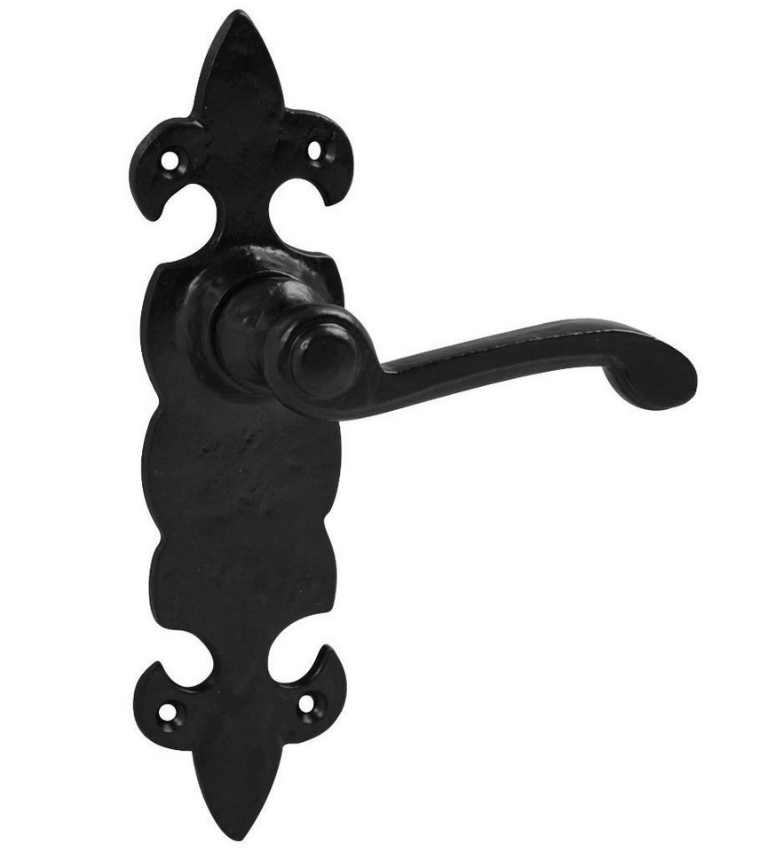 Infinity Decor Cast Iron Fleur De Lys Lever Lock Door Handle Set - Black, Backplate, For Internal/External Doors