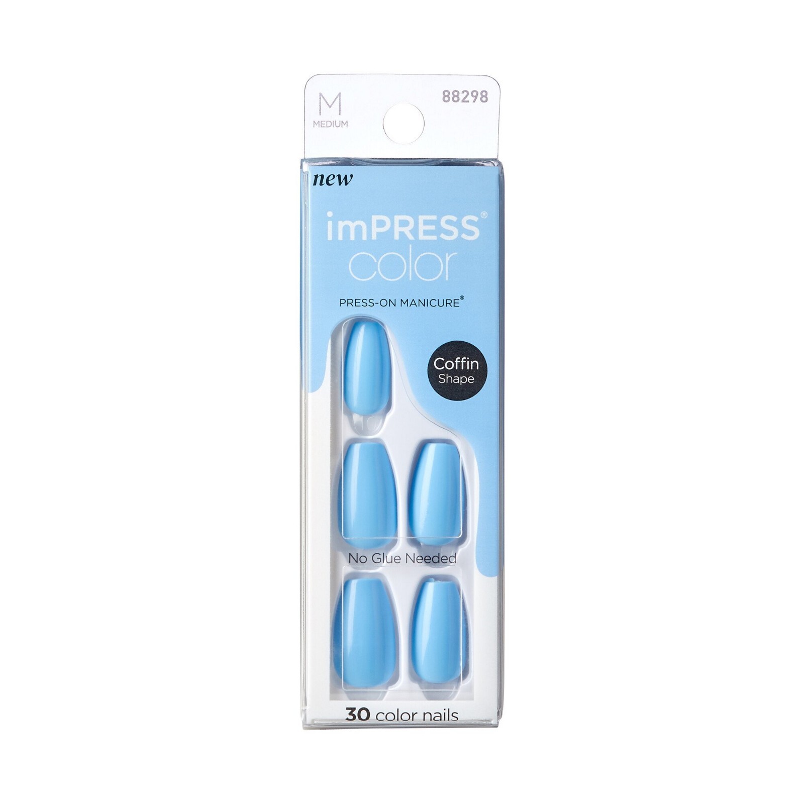 KISS IMPRESS COLOR PRESS-ON NAILS ONESTEP GEL MANICURE MEDIUM COFFIN SERENE BLUE