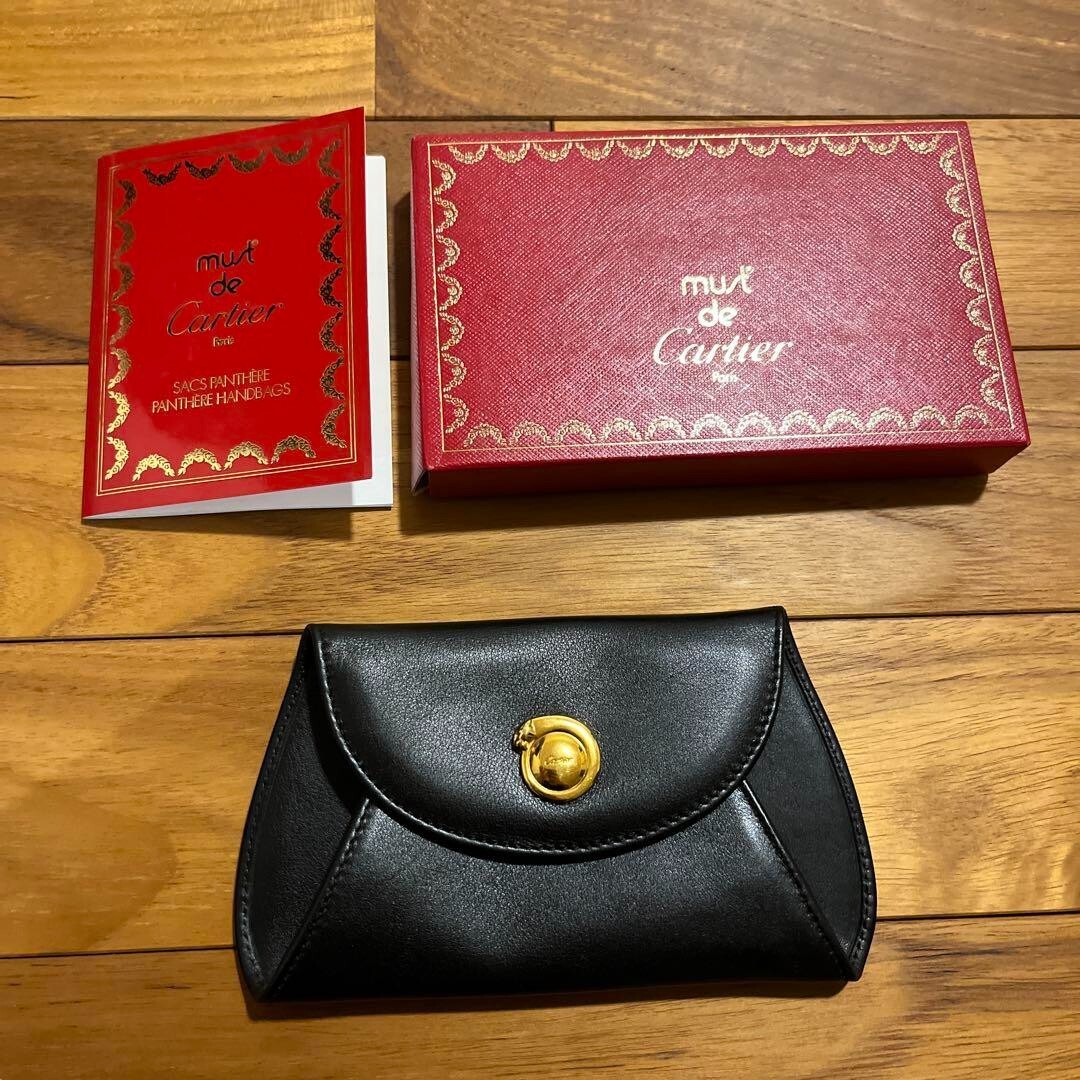 Authentic Cartier Vintage Panthere Coin Case Purse Black Deadstock 