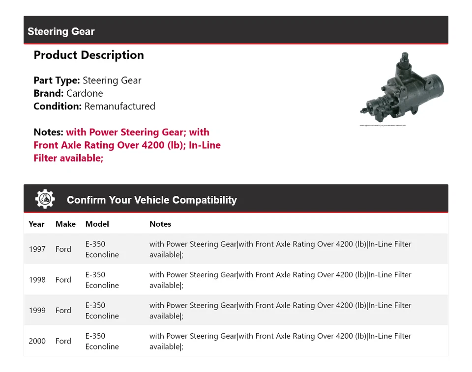 Para Ford E-350 Econoline 1997-2000 engranaje de dirección Cardone 1998 1999 Foto 2 de 4