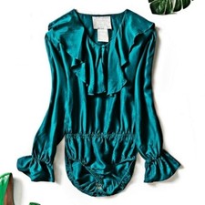 Damen Satin Seide Bluse Hemd Body Overall Rüschen Kragen Langärmlig