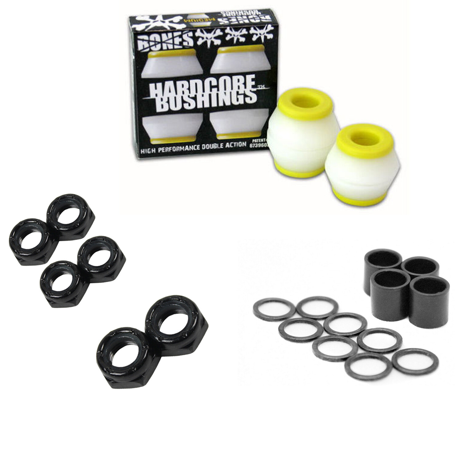 Yellow/white Medium Bushings + Axle, Kingpin Nuts And Speed Kit