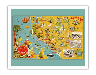 C�te de Beaut� French Coastline - Vintage Pictorial Map by Lucien Boucher c.1940