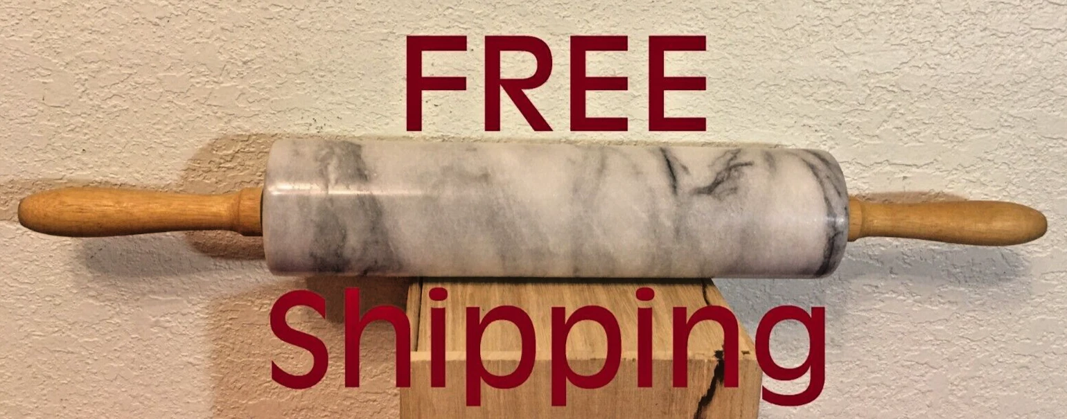 White Solid Marbled Rolling PIN with Wood Handles ( 10" x 2-1/2" x 18" OAL )