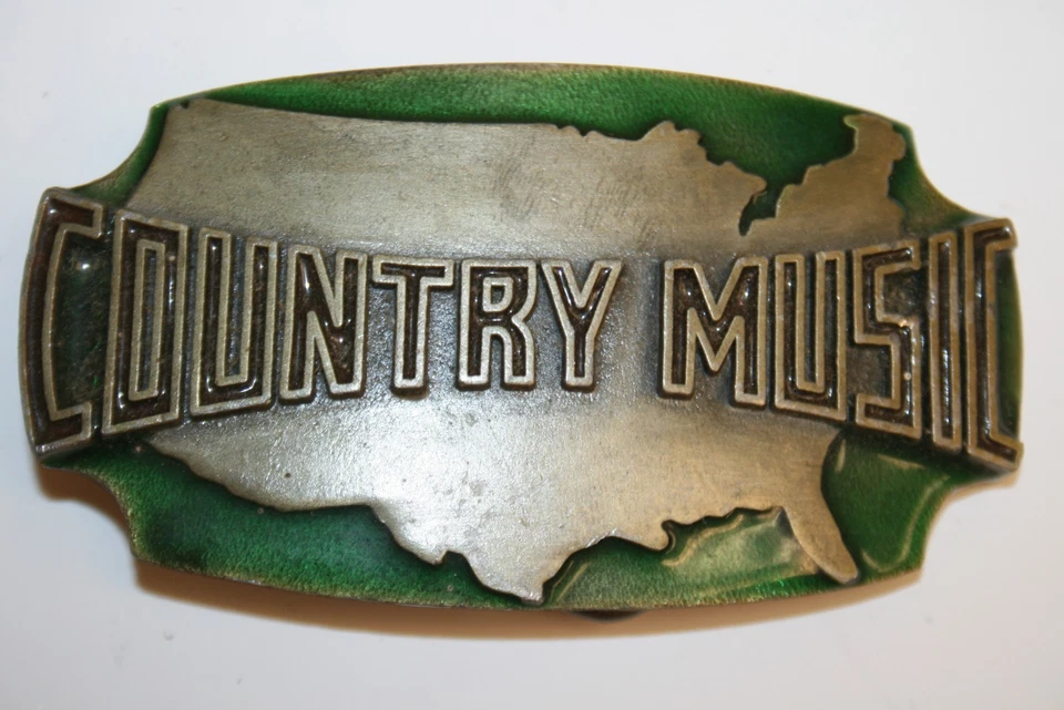 Hebilla de cinturón vintage 1980 rara de latón y esmalte verde música country en forma de EE. UU. Foto 2 de 4