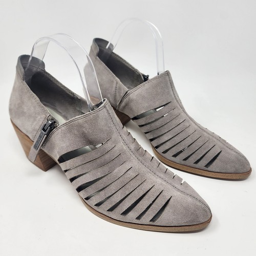 1.State Arnet Bootie Women 10M Grey Suede Strappy Vamp Stacked Heel Side Zip