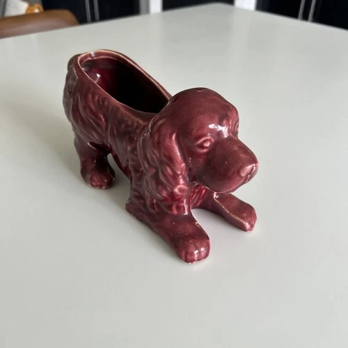 Vintage 1950's Shawnee maroon Burgundy Crouching spaniel Planter Art Pottery USA
